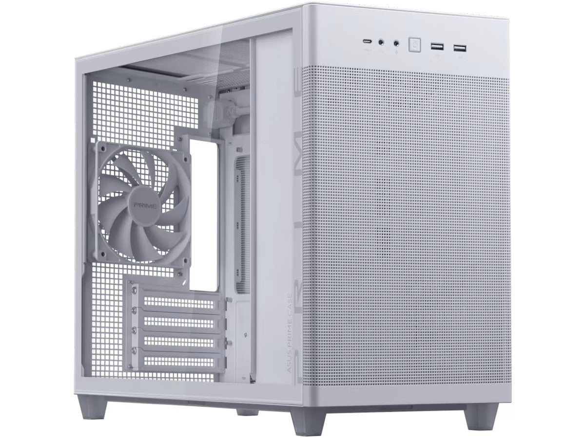 ASUS Prime AP201 Tempered Glass Mini Tower (hvit) Vifte: 1 x 120 MM, Mesh, ITX, mATX, 360 AIO support, 338 MM VGA support.