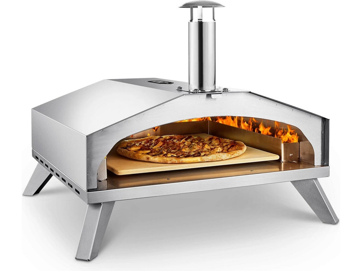 Austin and Barbeque AABQ 16" Gassdrevet pizzaovn (rustfritt stål) Med pizzastein (41 x 41 x 1 cm), gnisttenner og regulator, integrert termometer