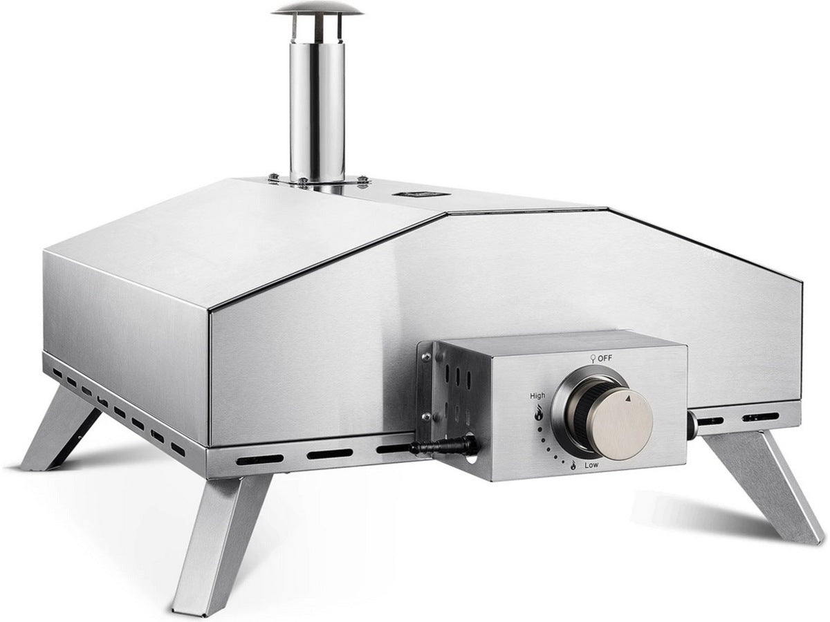 Austin and Barbeque AABQ 16" Gassdrevet pizzaovn (rustfritt stål) Med pizzastein (41 x 41 x 1 cm), gnisttenner og regulator, integrert termometer