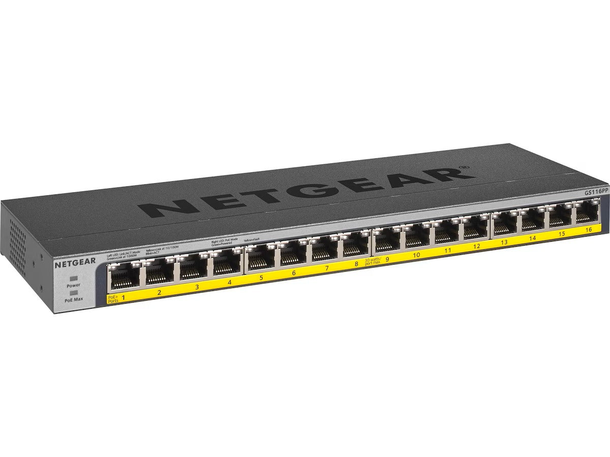 Netgear GS116PP 16-Port PoE/PoE+ Switch Flexible PoE+ 16-Port Gigabit Unmanaged Switch