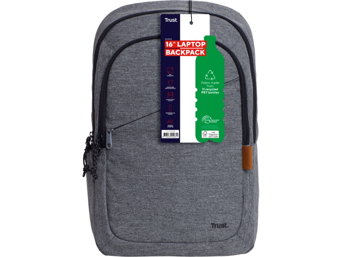 AVANA 16" Eco Ryggsekk (grå) Laget av resirkulert materiale, 2 glidelåser og egen plass til 16" laptop