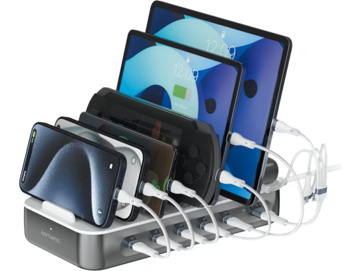 4smarts Team 100W Ladestasjon (stellargrå) 5x USB-C 20W, 1x USB-A 18W, 4-i-2 kabel og 5x USB-C kabel inkludert