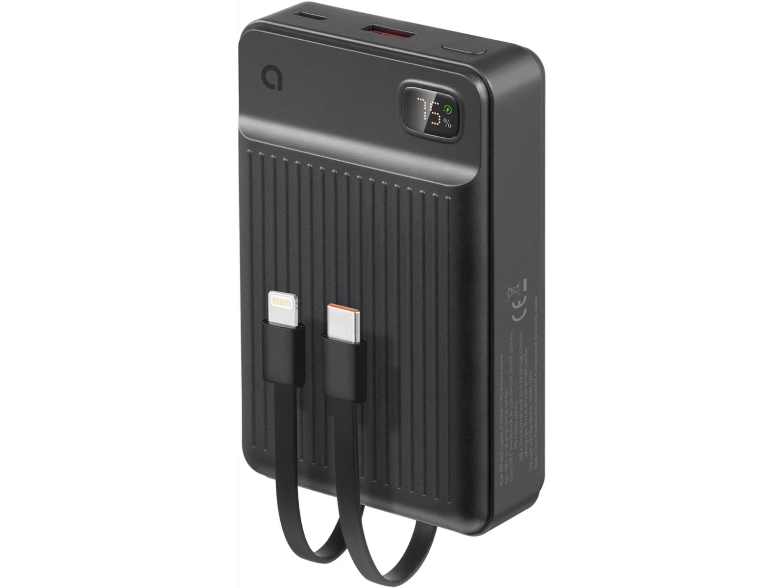 Andersson 20.000mAh Powerbank m/ integrerte kabler 22.5W PD 3.0, USB-C, Lightning, digitalt display