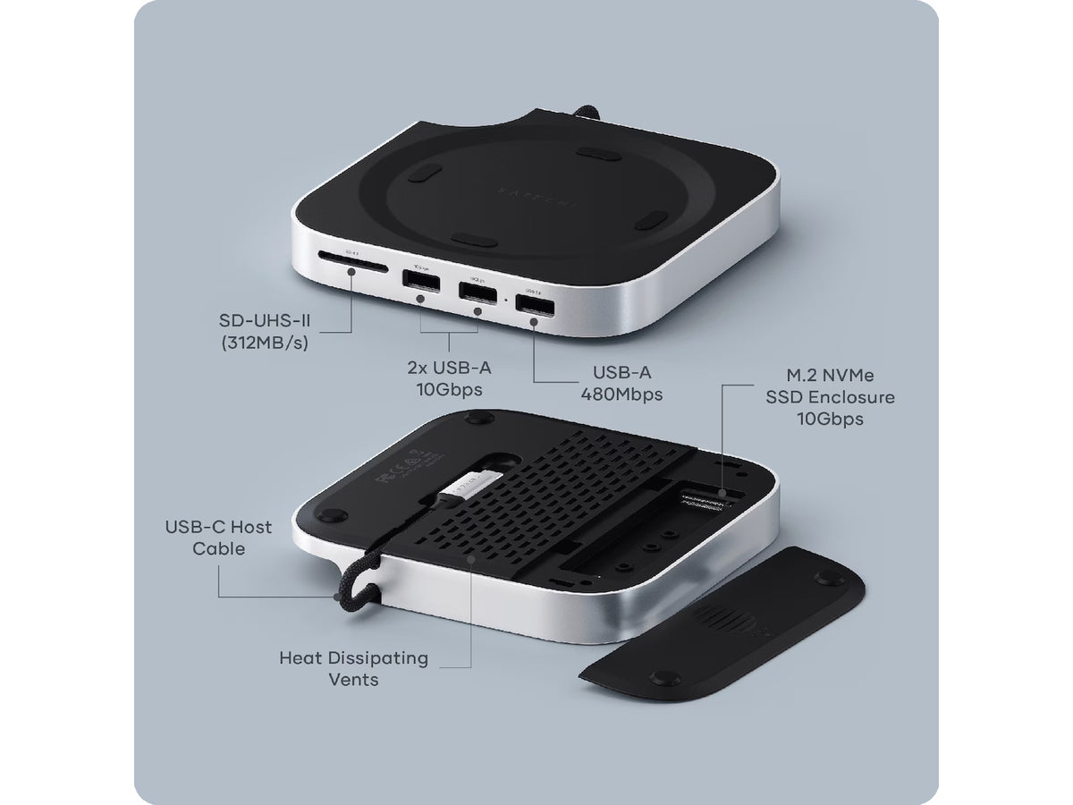 Satechi Mac Mini M4 stativ og hub med SSD-kabinett – Sølv