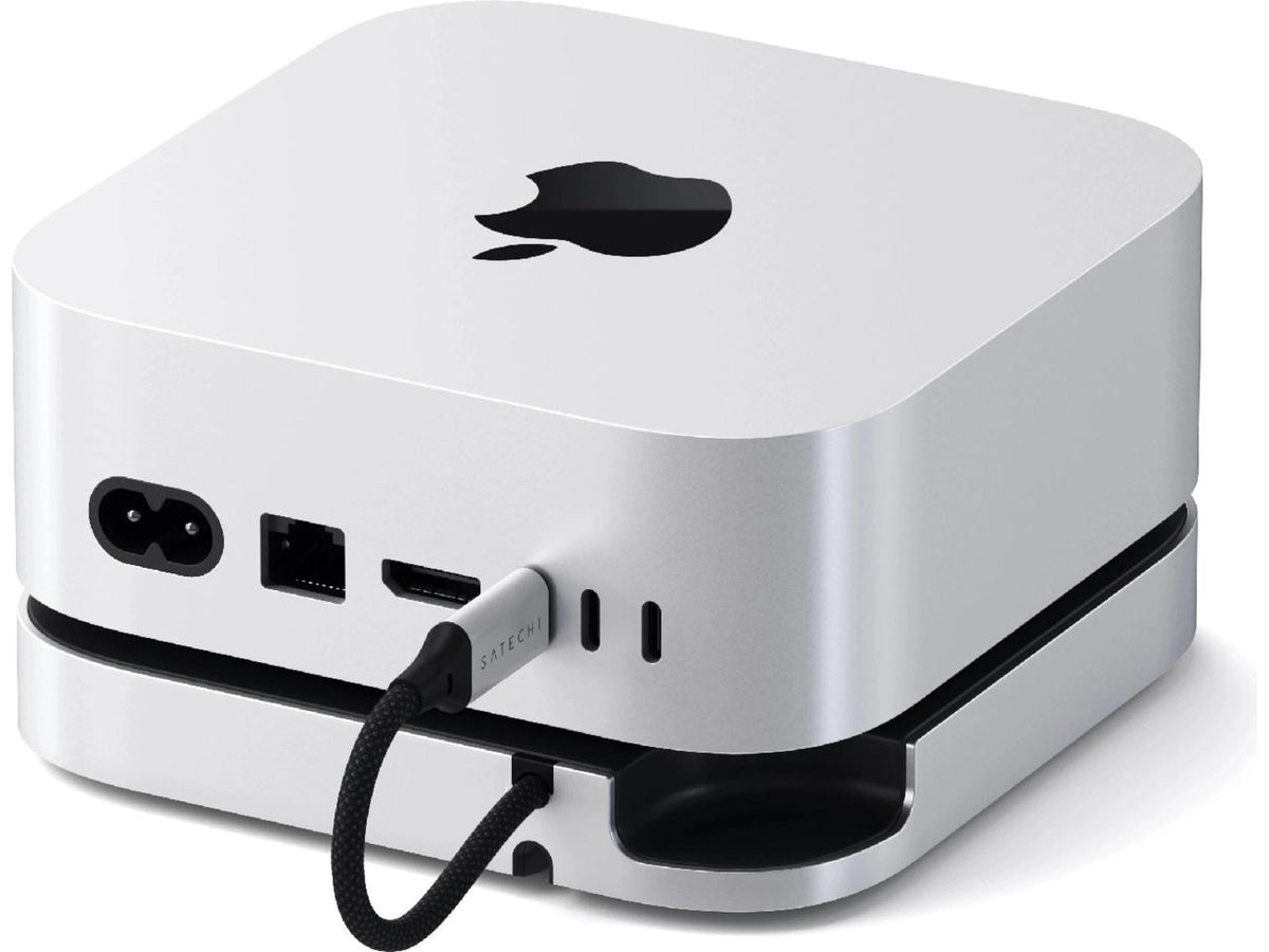 Satechi Mac Mini M4 stativ og hub med SSD-kabinett – Sølv