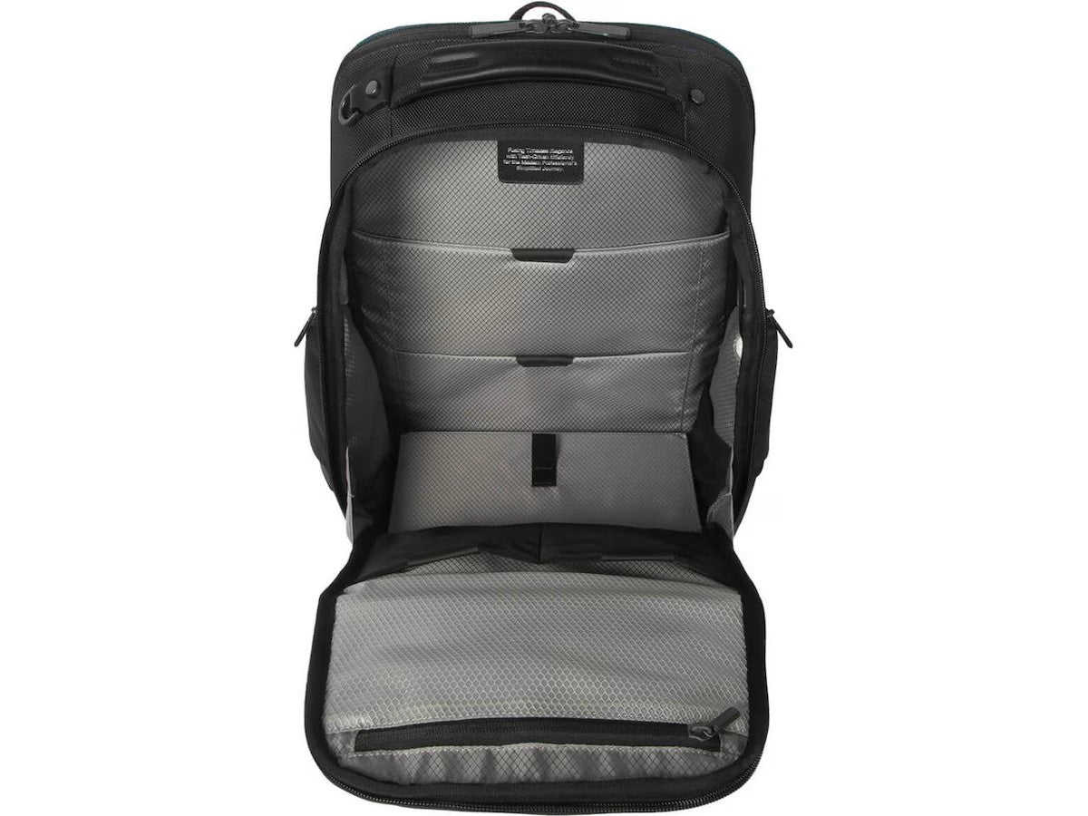 Targus 15-16" HeritageLuxe PC-ryggsekk (sort) SafePort® SafeSling-beskyttelse, RFID-blokkerende oppbevaringslomme, USB-C-kontakt, avtakbar veske