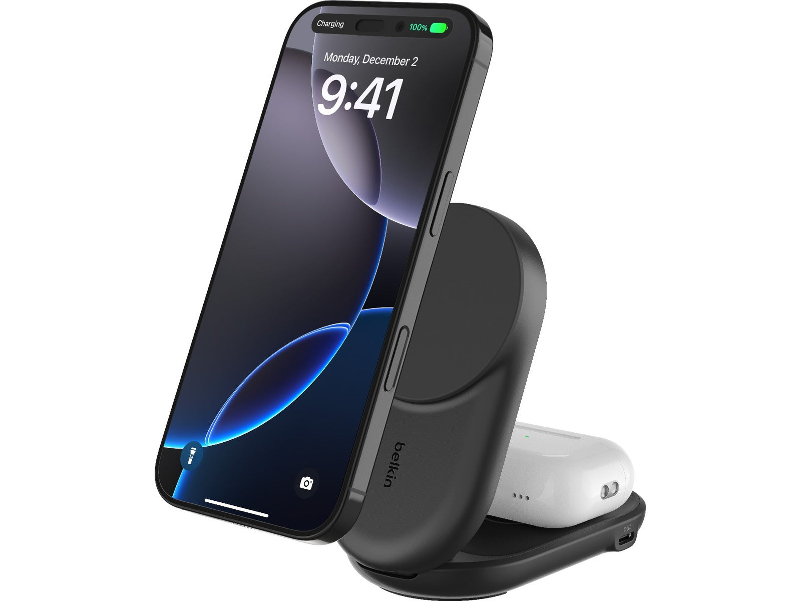 Belkin UltraCharge 2-in-1 Qi2 Trådløs lader (sort) 25W Qi2, 5W trådløs lader for earbuds, 1xUSB-C PD 5W