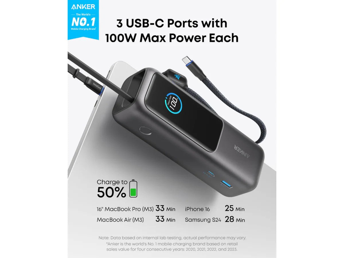 Anker Power Bank 25000 mAh med USB-C 165w, innebygget USB-C kabel, 3x USB-C, lad 4 enheter samtidig