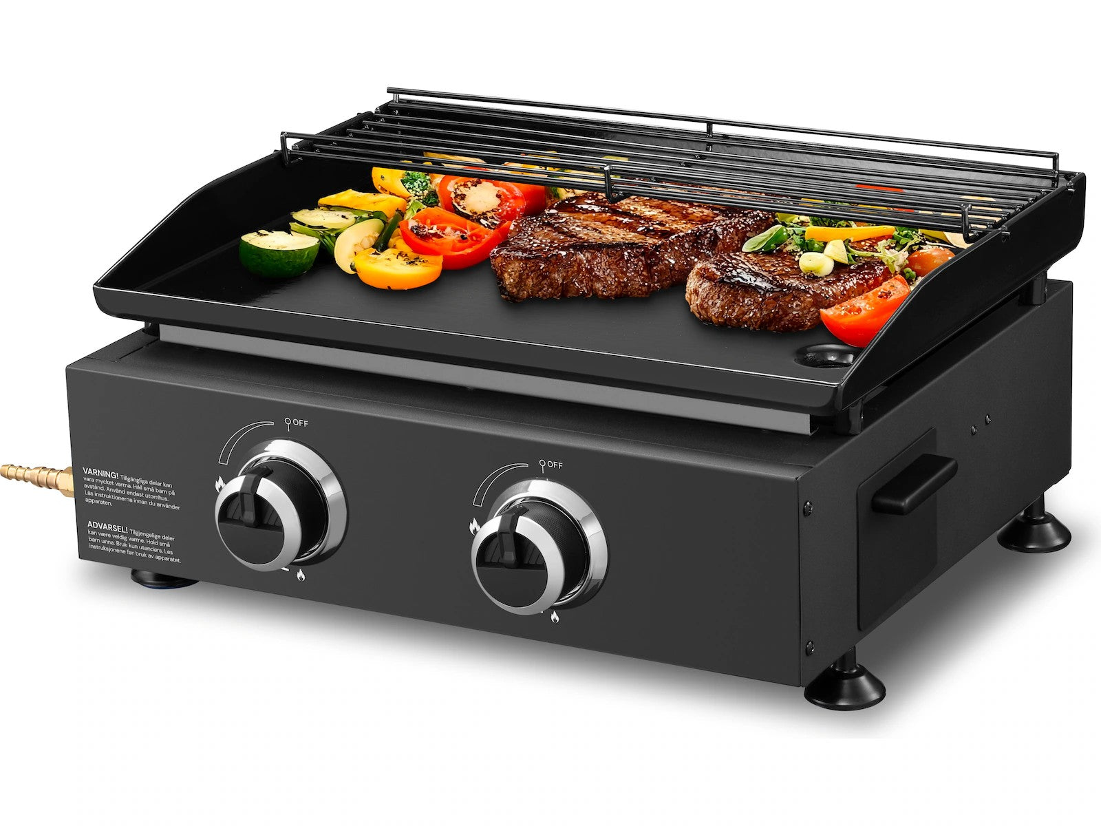 Austin and Barbeque AABQ Plancha 2 Burner Bordgrill Profesjonell dobbelbrenner plancha med 5 kW effekt for grilling i restaurantkvalitet ute.