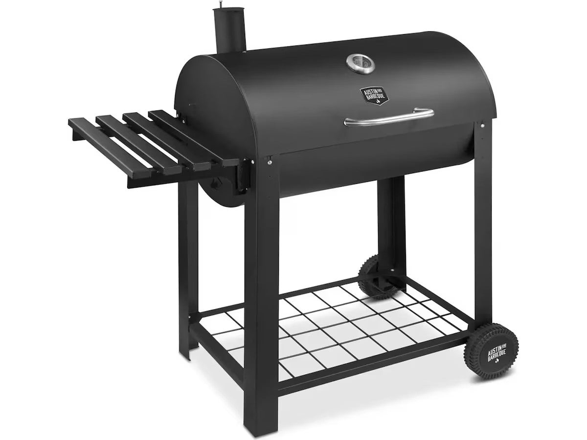 Austin and Barbeque AABQ Classic Barrel Charcoal grill Tønnegrill med termometer, justerbare ventiler og 40x60 cm grillflate