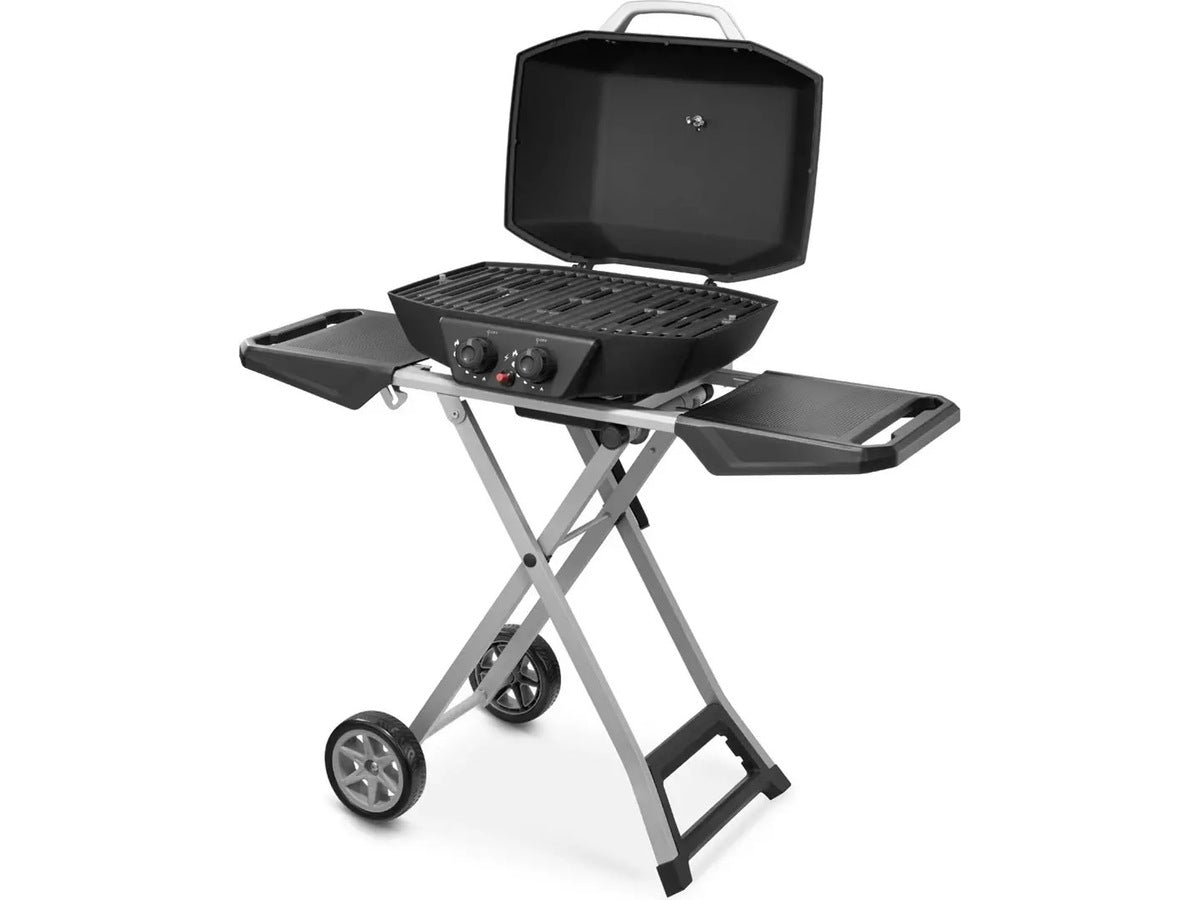 Bærbar gassgrill 2 brennere 4,5 kW Bærbar gassgrill med dobbelbrenner, sammenleggbart design og hjul