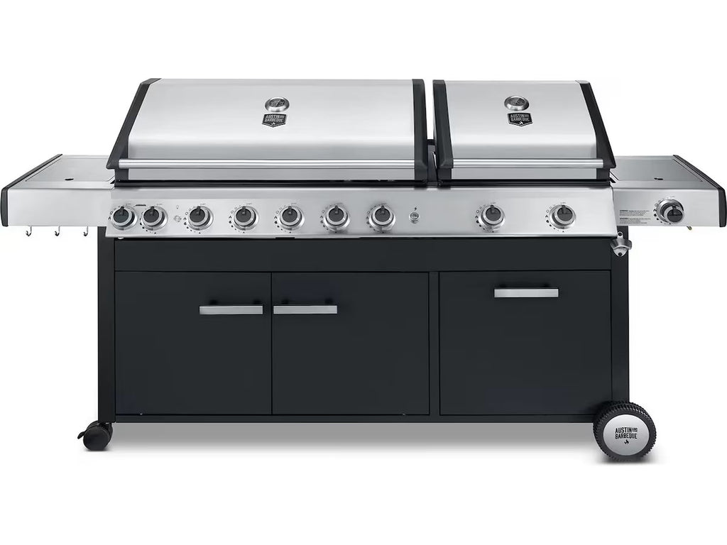 Austin and Barbeque Gassgrill med 8 + 2 brennere og funksjoner grillrist i støpejern, emaljerte flammetennere, termometer, 89 x 41 cm + 47,3 x 41 cm grillareal