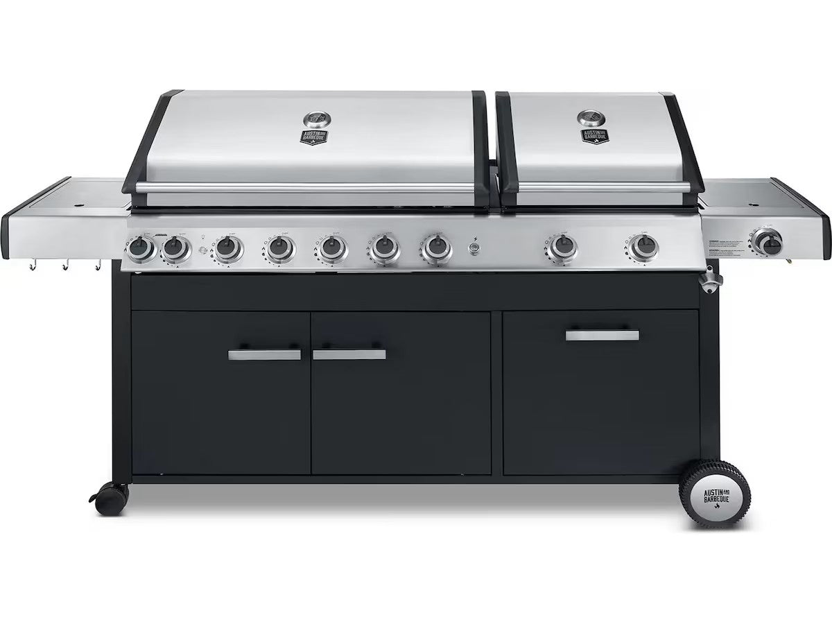 Austin and Barbeque Gassgrill med 8 + 2 brennere og funksjoner grillrist i støpejern, emaljerte flammetennere, termometer, 89 x 41 cm + 47,3 x 41 cm grillareal