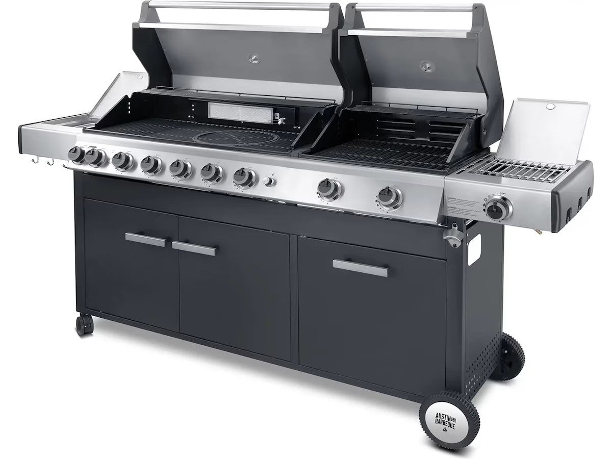Austin and Barbeque Gassgrill med 8 + 2 brennere og funksjoner grillrist i støpejern, emaljerte flammetennere, termometer, 89 x 41 cm + 47,3 x 41 cm grillareal