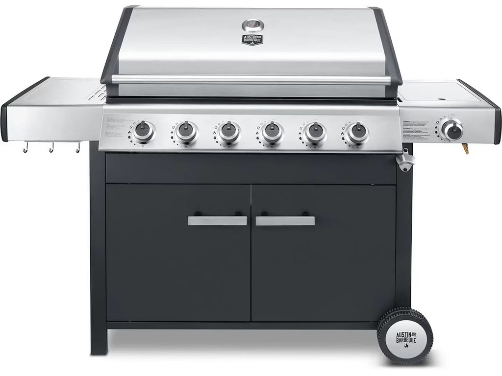 Austin and Barbeque Klassisk gassgrill med seks brennere og sidebord grillrist i støpejern, emaljerte flammetennere, termometer, 89 x 41 cm grillareal