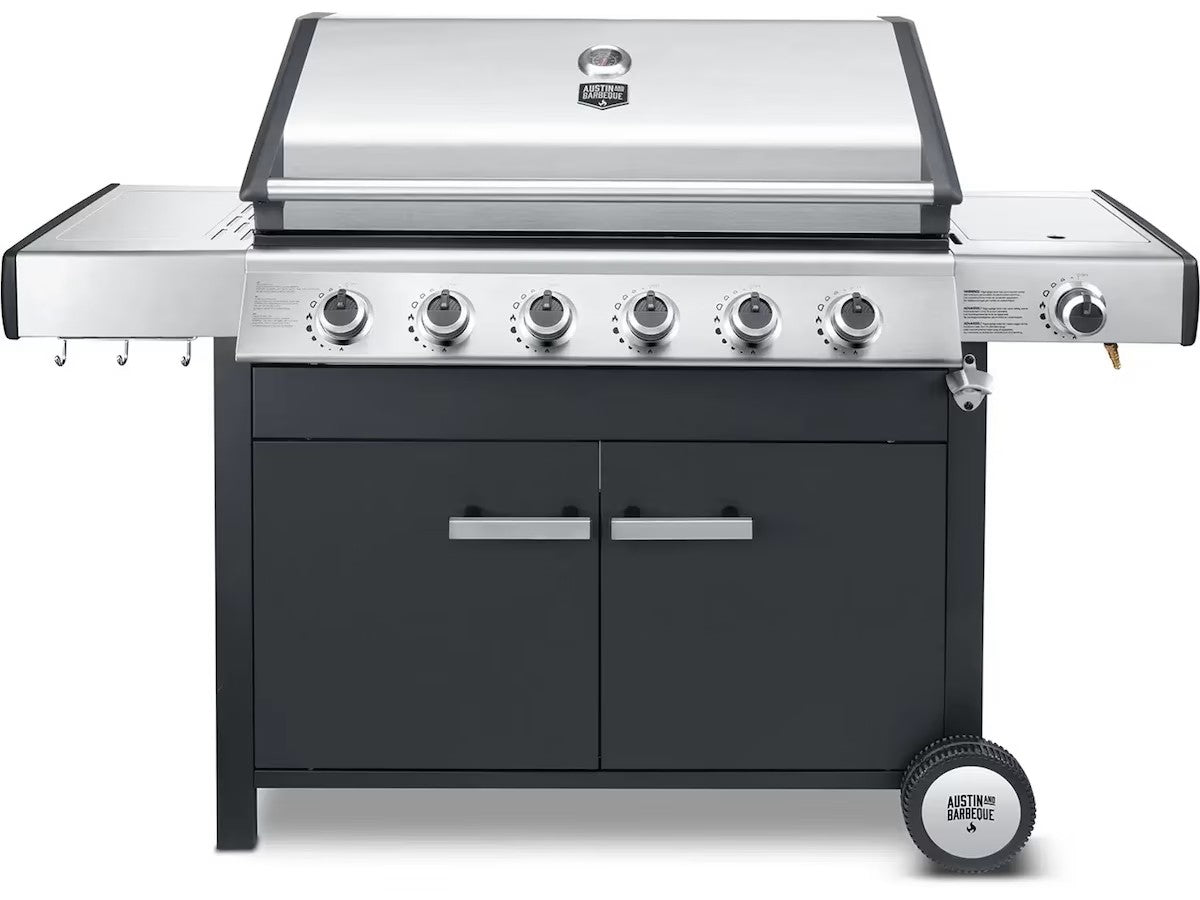 Austin and Barbeque Klassisk gassgrill med seks brennere og sidebord grillrist i støpejern, emaljerte flammetennere, termometer, 89 x 41 cm grillareal