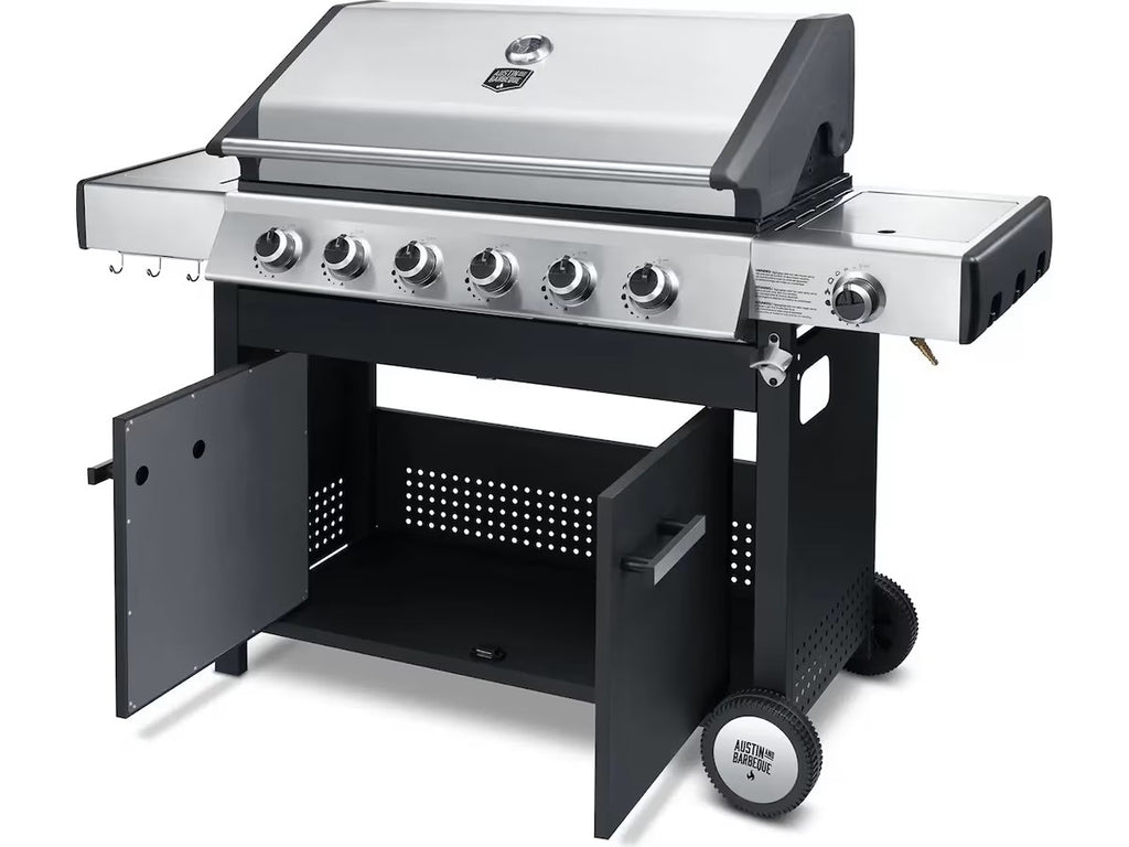 Austin and Barbeque Klassisk gassgrill med seks brennere og sidebord grillrist i støpejern, emaljerte flammetennere, termometer, 89 x 41 cm grillareal