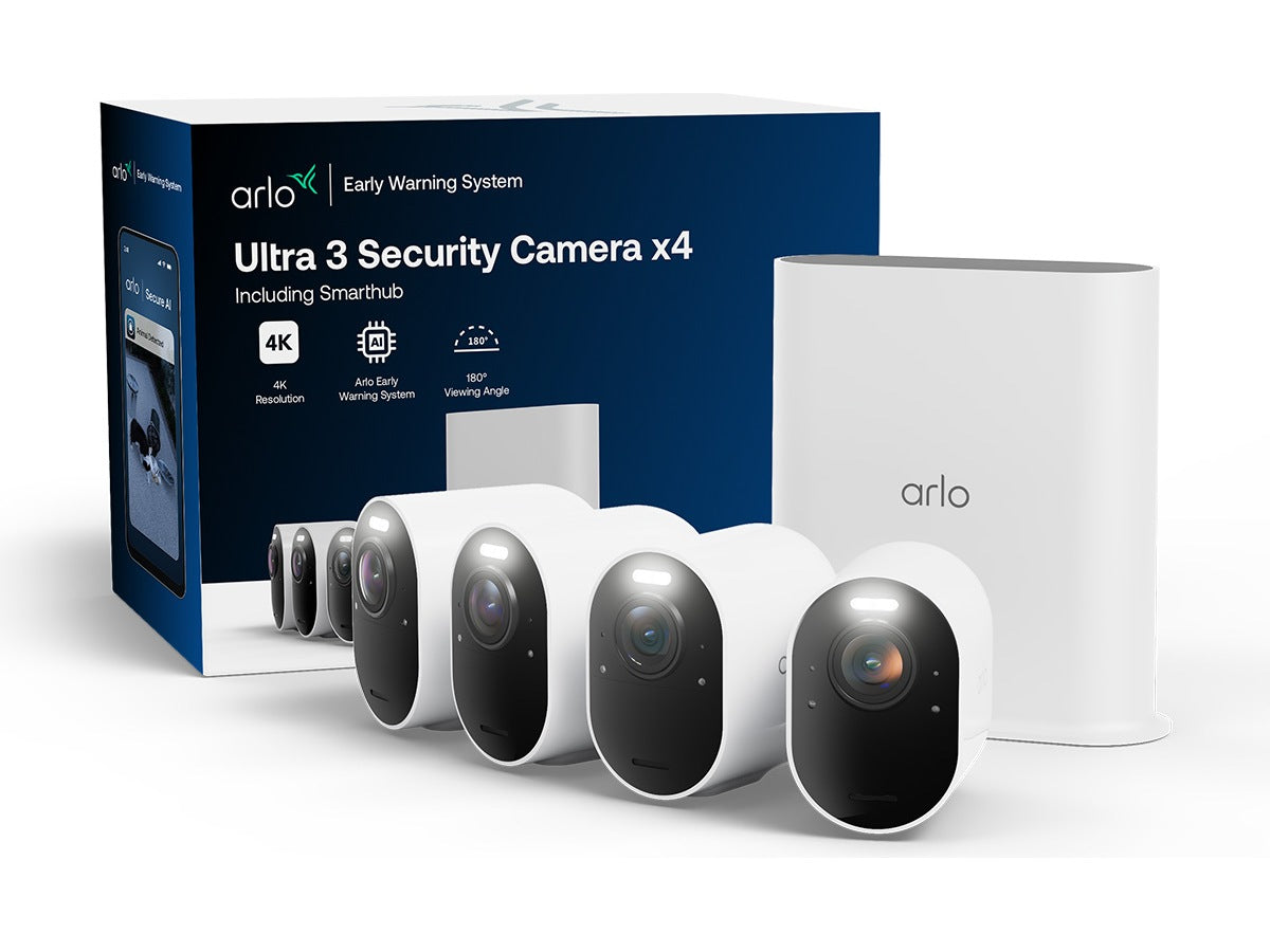 Arlo Ultra 3 4K overvåkningskamera 4-pack Trådløst med batteri, 4K, AI-deteksjon, 12x zoom, 180° synsfelt