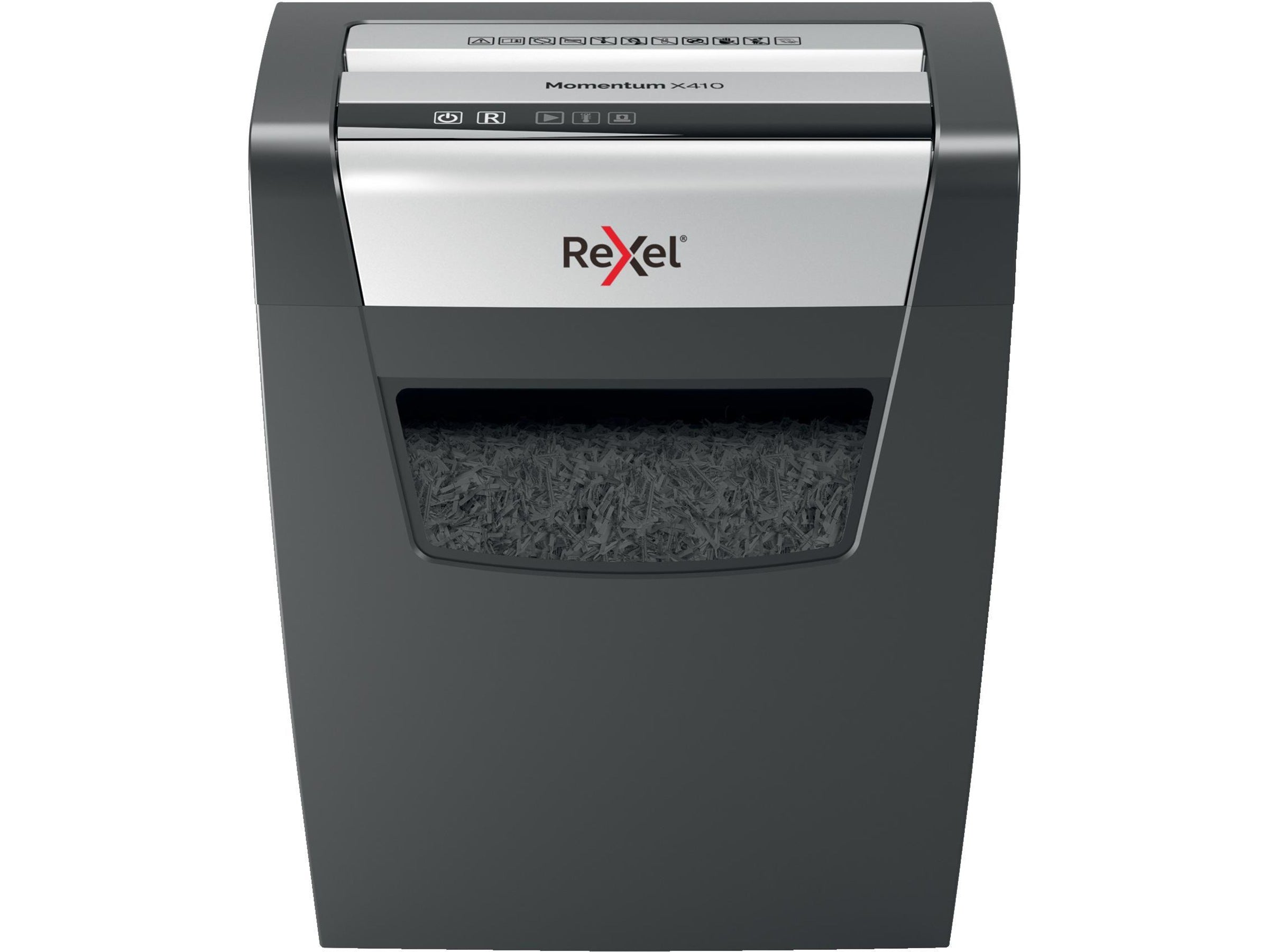 Rexel makuleringsmaskin Momentum X410 P4 Sikkerhetsnivå P4, krysskutt. Makulerer opptil 10 ark samtidig. 23L Anti-Jam tek