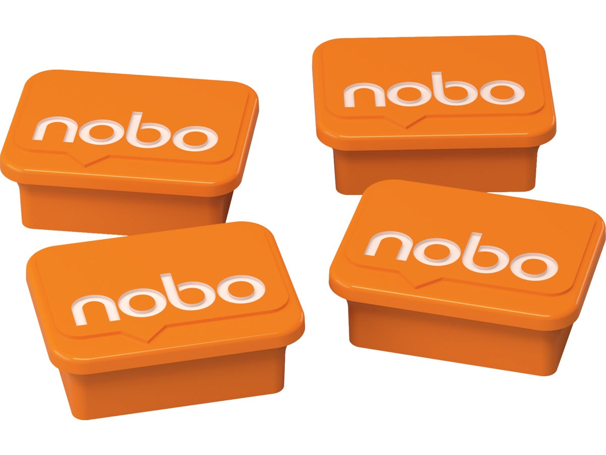 Nobo Orange Whiteboard Magneter 4-pakk 18 x 22 mm. For bruk på Nobo magnetiske whiteboardtavler. Pakke med 4 stk.