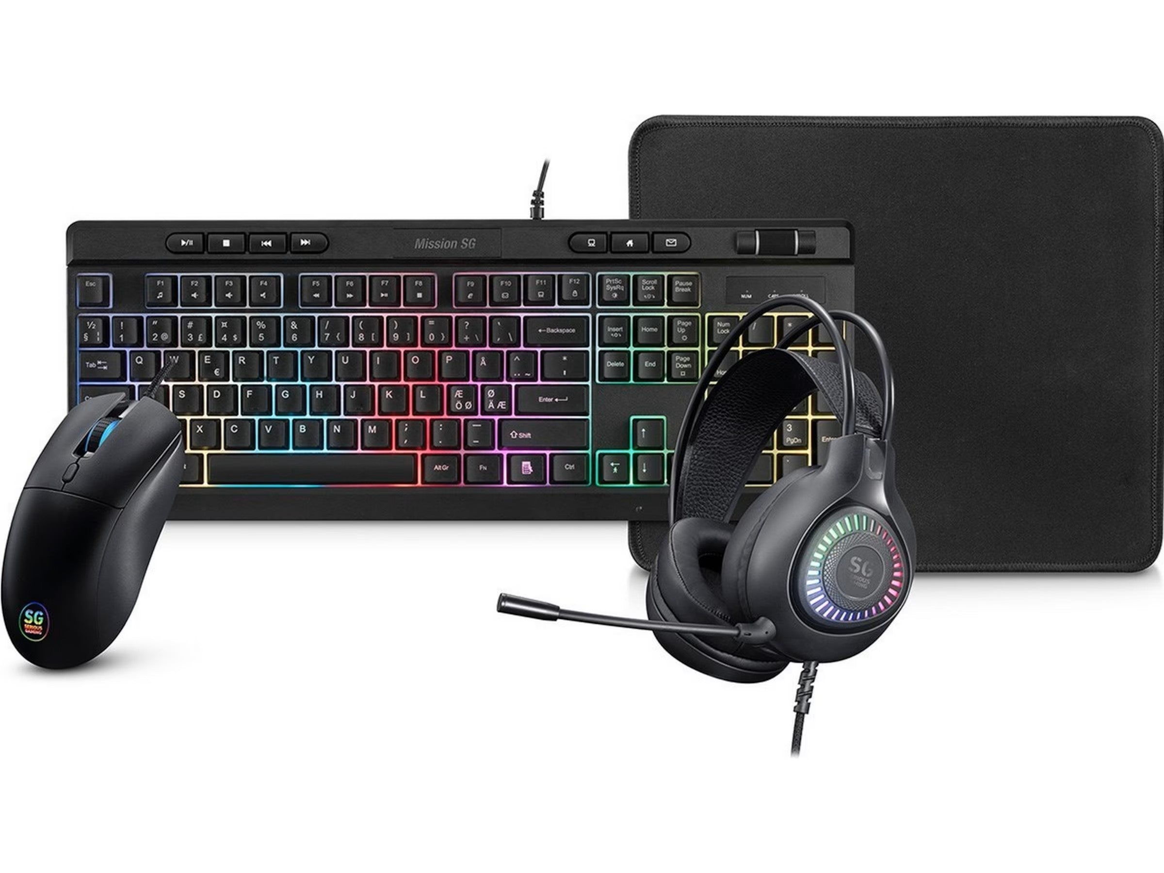 Mission SG GGB 2.3 gamingpakke med RGB Headset m/mikrofon, gamingmus, tastatur, musematte, RGB belysning