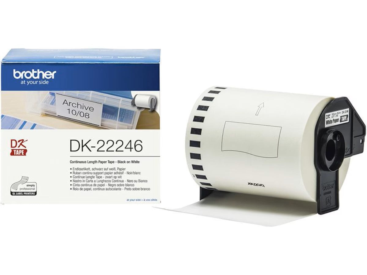 Brother DK22246 Etikettrull Etikettrull papir i løpende lengde, sort på hvit, 103 mm x 30,48 m