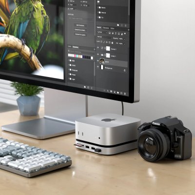 Satechi Mac Mini M4 stativ og hub med SSD-kabinett – Sølv